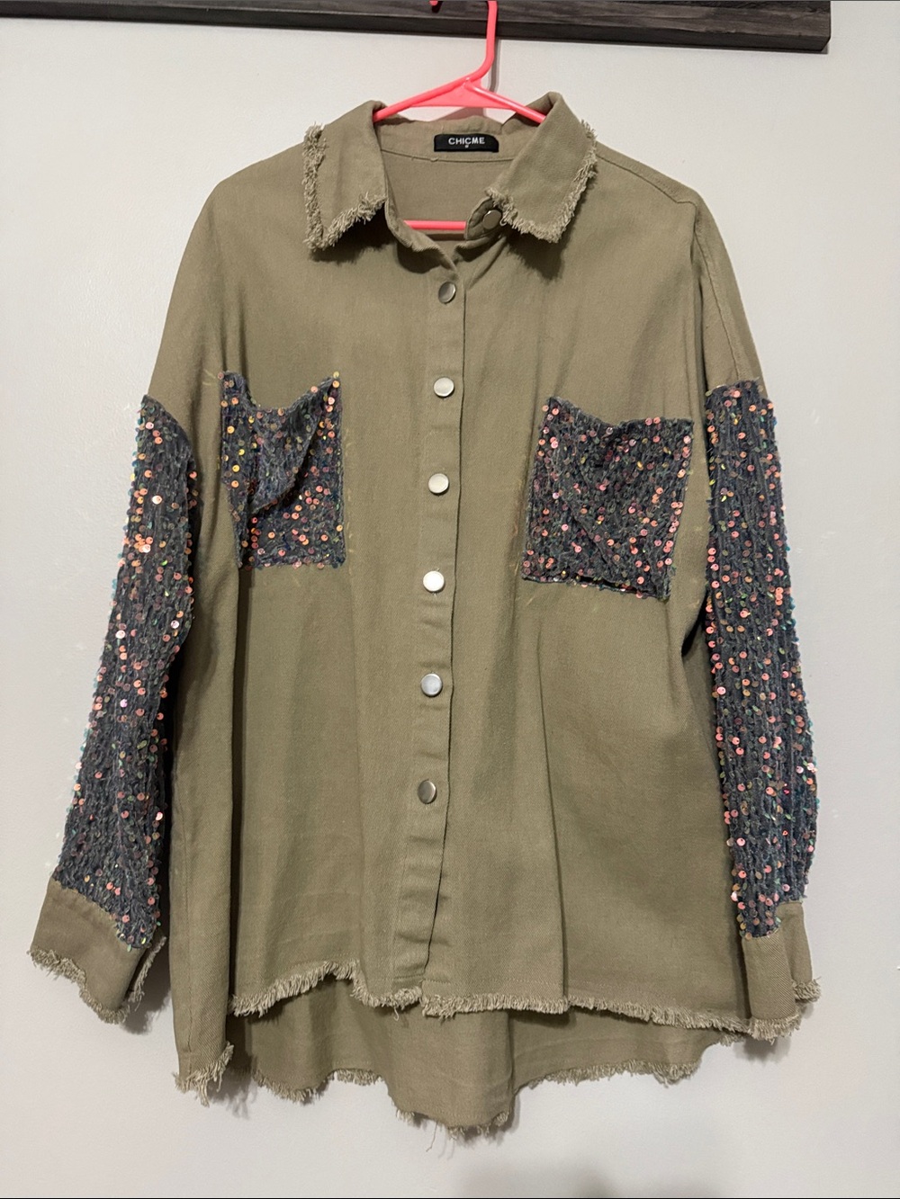 ChicMe Olive Frayed Hem Button-Up Jacket with Sequin Accent